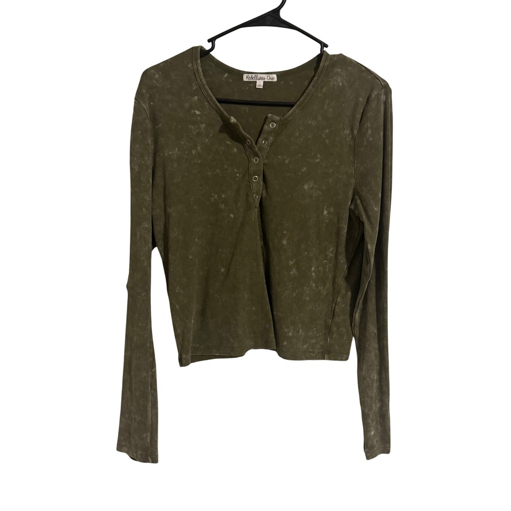 Rebellious One Olive Green Mineral Wash Ribbed Henley Long Sleeve Top Large
